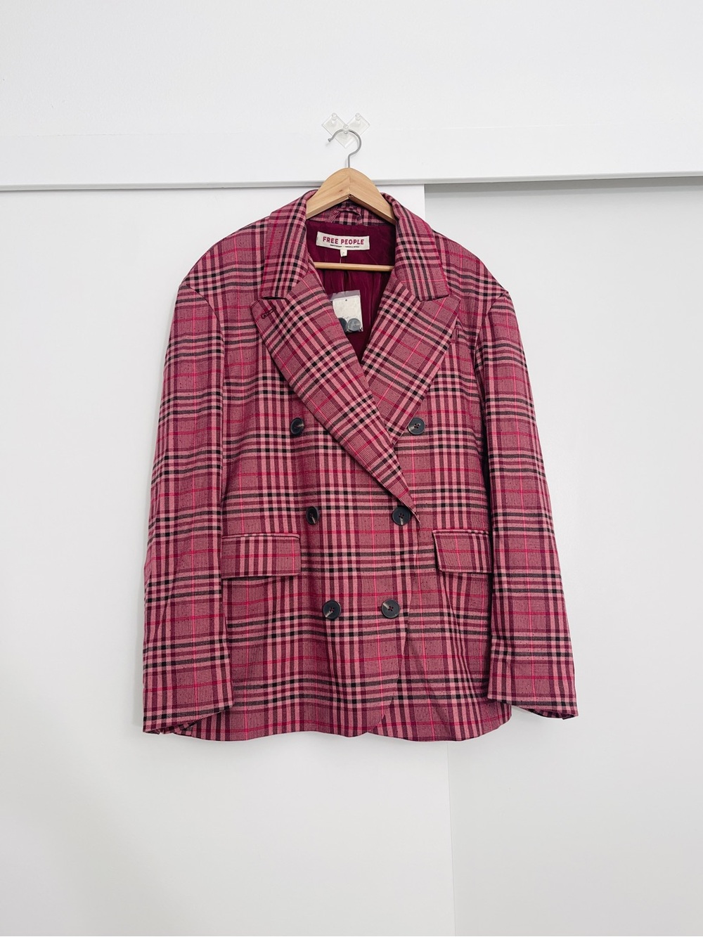 NWT Free People Dean Double Breasted Blazer Berry Plaid Oversized Size Small